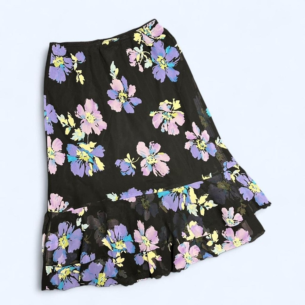 Casual Corner Annex Petite Floral Ruffle Midi Skirt Whimsygoth Black Purple 10